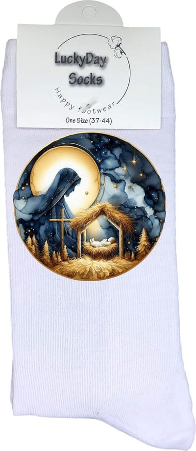 Kerststal - Verjaardag cadeau - Grappige sokken - Print sokken - Leuke sokken voor heren en dames - Moederdag - Vaderdag - Cadeau voor hem en haar - Kerstcadeau - Vrolijke sokken - Valentijns cadeau - Sokken waar je vrolijk van wordt - Maat 37-44