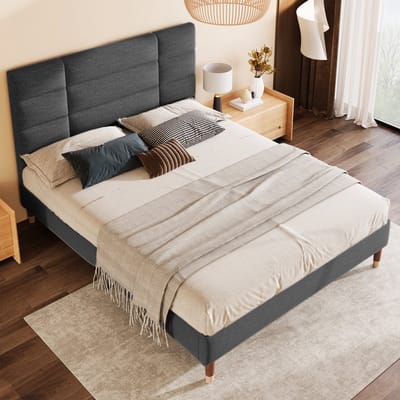 STILVORA Gestoffeerd Bed 140x200cm – met Gewatteerd Hoofdeinde (8 cm) & Stalen Frame – Onderbed-Opbergruimte – Massief Hout – Grijs – Zonder Matras