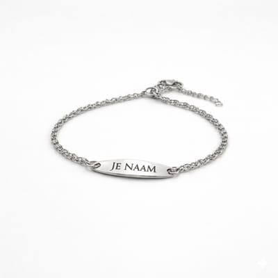 Armband met graveer, Armband met naam, Schakelarmband met gravure zilverkleurig - ovale naamplaat - verstelbaar - RVS, Armband met naamplaatje ,graveerarmband