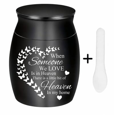 Mini Urn Heaven in my Home - Zwart Metaallegering - Kleine Urn voor As - Herinnering Huisdier & Mens - Keepsake Urn - 4 cm - Inclusief Schepje voor het vullen