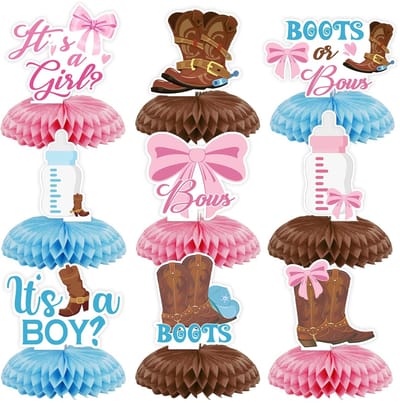 Dailygoods- Honingraatdecoratie 9 Stuks - Tafeldecoratie - Geslachtsonthulling - Laarzen/Strik - Decoratiebenodigdheden - Hoogwaardige Papierkwaliteit - Feestdecoratie