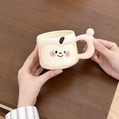 Leuke Appel Keramische Mok met Deksel Lepel Drinkwaterbeker Ontbijt Koffie Melkbeker Praktische Souvenir Cadeauset 301-400ml white