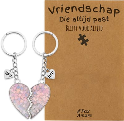 BFF Sleutelhanger voor 2 'Vriendschap die altijd past' - Magnetisch Hartje - Sleutelhanger set op Cadeau Kaartje - Zilverkleurig - Vriendschap Symbool - Pax Amare