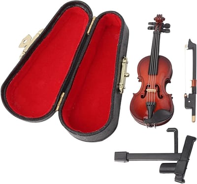 Miniatuur viool model voor realistische decoratie op bureau, nachtkastje of kantoor, inclusief koffer en standaard - perfect voor muziekliefhebbers en verzamelaars