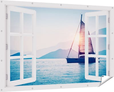 Gards Tuinposter Doorkijk Zeilboot bij Zonsondergang - 180x120 cm - Tuindoek - Tuindecoratie - Wanddecoratie buiten - Tuinschilderij