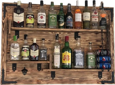 Houten Wandrek voor Drank - Handgemaakte Rustieke Stil Wandbar - Multifunctioneel Flessenrek - Mooi Cadeau voor Mannen