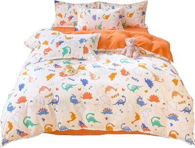 Dekbedovertrek 90 cm - Microvezel - 4-delig - Dekbedovertrek 150 x 200 cm - Laken 200 x 230 cm - Kussensloop 48 x 74 cm - Polyester - Wit - Dinosaurus - Geschikt voor kinderkamer - Dinosaurus thema.