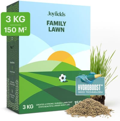 Joyfields Family Lawn - Speel- en sportgazon graszaad - 3 kg voor 150 m² - Snelle vestiging en dichte zode - Zelfherstellend gazon - Voor inzaai en doorzaai - Met Hydroboost-coating