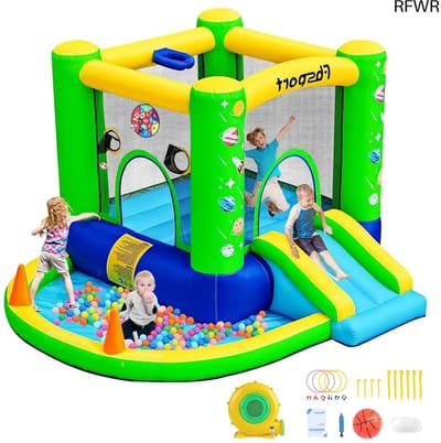 RFWR® Opblaasbaar Springkasteel voor Kinderen met Glijbaan en Ballenzwembad, 285 x 254 x 165 cm