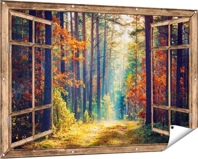 Gards Tuinposter Doorkijk Herfstbos met Zonneschijn - Kleur - 150x100 cm - Tuindoek - Tuindecoratie - Wanddecoratie buiten - Tuinschilderij