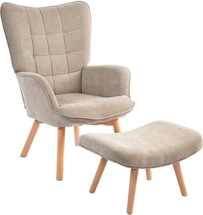 Fauteuil Set - Met Hocker En Corduroy Look - Dikke Bekleding En Houten Poten - Voor Woonkamer En Kantoor - Lichtbruin
