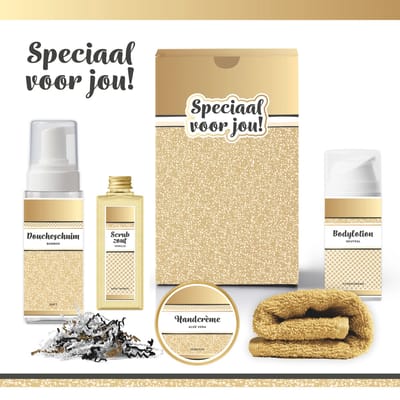 Geschenkset “Speciaal voor jou!” - 5 producten - 530 gram - Triomf Cosmetica | Luxe Cadeaubox voor haar Wellness Pakket Vrouw Giftset Vriendin Moeder Cadeaupakket Colleg Cadeau Zus Verjaardag Oma Moederdag Kerstpakket Kerst Cadeau Goud