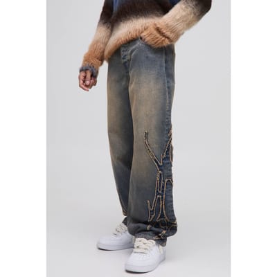 Relaxed Fit Stone Washed Tribal Applique Jeans | Stonewash | Size 28R