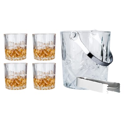 Whiskey set - 4 glazen en ijsemmer - met tang - glas - kristal patroon - cadeauset voor papa