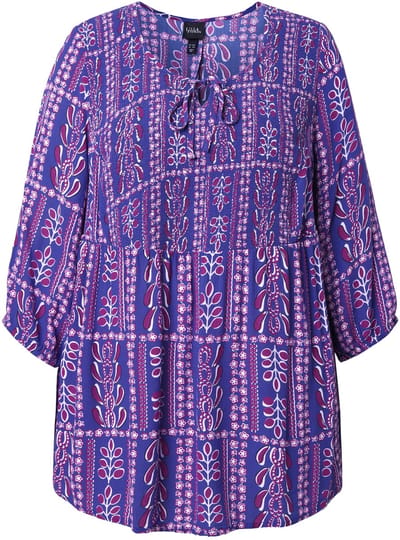 Ulla Popken - Dames - Gerimpelde blouse met motief ronde hals 3/4-mouw crêpe - Donkerblauw - Maat 42+