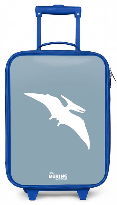 NoBoringSuitcases.com® - Kinderkoffer blauw - Kindertrolley jongen - Blauw met Pteranodon dino - Koffer kind lichtgewicht - Reiskoffer trolley voor kinderen - Koffertje met lichtgevende wieltjes - Rolkoffer