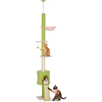 PawHut kattenboom van vloer tot plafond, 5 niveaus, in hoogte verstelbaar 220 cm, bloemenplatforms met nis, hangmat, oploop en hangende speelbal, activiteitencentrum voor binnen, groen