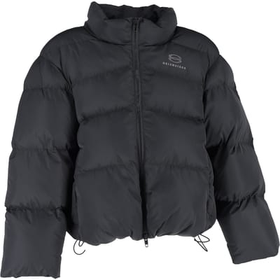 Balenciaga Logo Zip-Up Cropped Down Jacket in Black Polyester