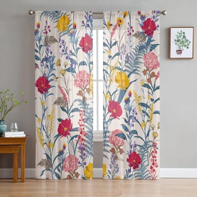 Bloemen Dichte Bladeren Petalen Modern Gedrukte Tule Gordijnen voor Slaapkamer Balkon Raam Decor Creatieve Mode Huis Transparant Gordijn 135W x 114H(cm) white
