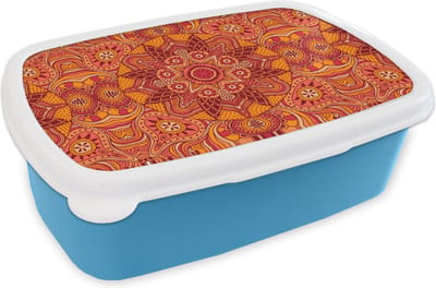 Broodtrommel Blauw - Lunchbox - Brooddoos - Mandala - Patroon - Vintage - Oranje - Rood - 18x12x6 cm - Kinderen - Jongen