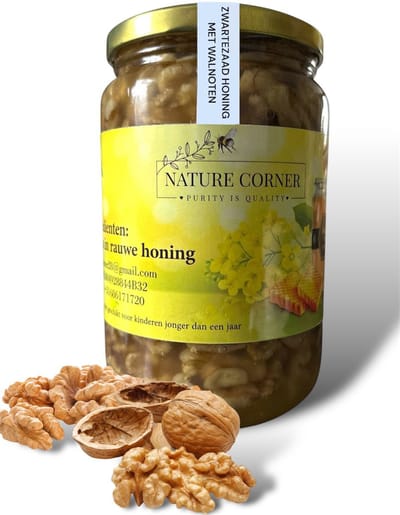 Zwartezaad Honing met Walnoten | Black Seed Honey with Walnuts | Miel de Nigelle aux Noix | عسل حبة البركة مع الجوز – 100% Puur & Natuurlijk | Rauw | 450g