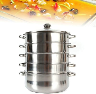 5-laagse RVS Stoompan 26 cm met Glazen Deksel - Ideaal voor Gezond Koken en Stomen van Groenten en Vis