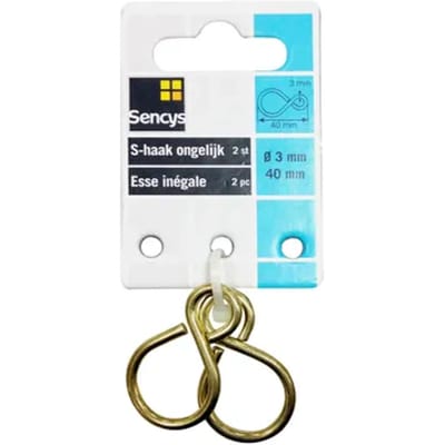 Sencys S-haak - Messing - Ongelijk - 3x40mm - 2 Stuks