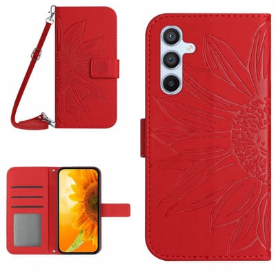 Hoes - Etui - Tas geschikt voor Samsung Galaxy A37 - A36 - A56 Met Schouder - Draagkoord - Rood - Zonnebloem Reliëf