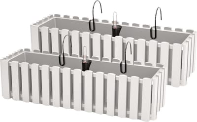 Prosperplast fence-look plantenbak - 2x stuks - kunststof - 58x18x16 cm - wit - hangend