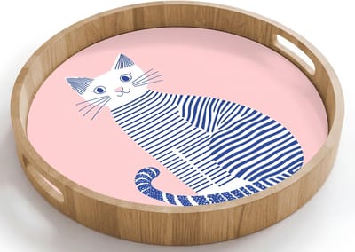 Dienblad rond 40x40 cm - Schootdienblad hout - Kat - Illustratie - Minimalistisch - Roze - Borrelplank rechthoek - Plateau houten dienbladen