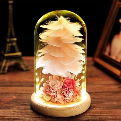 Roos in Glazen Koepel - Gepreserveerde Bloem - Decoratie Thuis - Met LED Verlichting - 23.5 cm Hoog - Roze