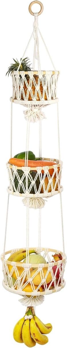Drie-laags fruitmand van bamboe voor ruimtebesparende opslag in de keuken, ideaal voor vers fruit en groenten (120 cm)