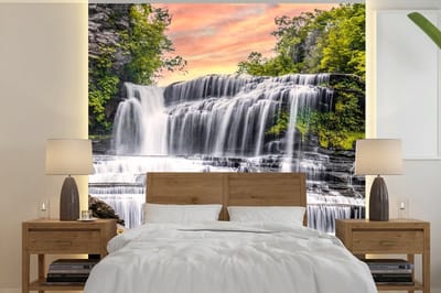 Behang - Fotobehang Waterval - Water - Stenen - Planten - Natuur - Breedte 350 cm x hoogte 350 cm