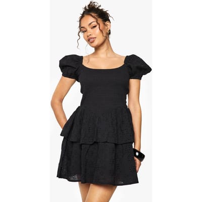 boohoo Dames Broderie Anglaise Puff Sleeve Skater Jurk | Black | Maat: 8