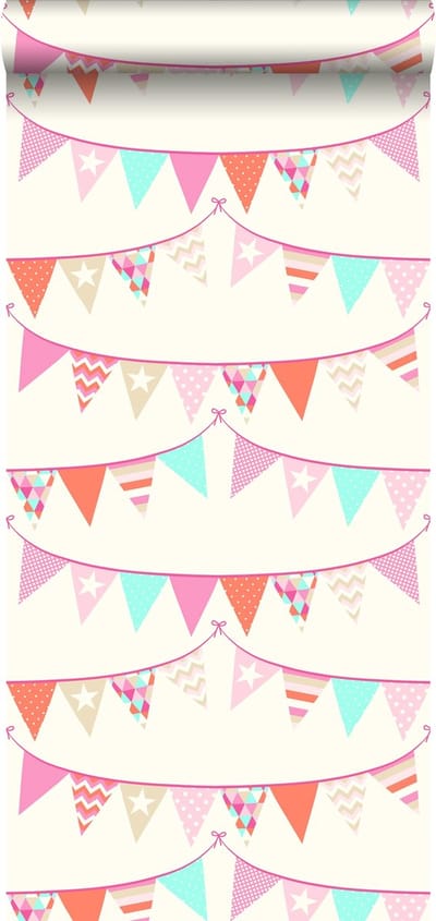 ESTAhome behang vlaggetjes roze, turquoise en koraal rood - 53 cm x 10.05 m - 138718