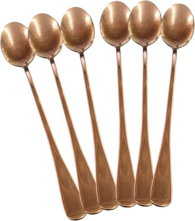 Latte Macchiato lepels – RVS lange yoghurt, dessert of koffie lepeltjes – set van 6 stuks - Koper