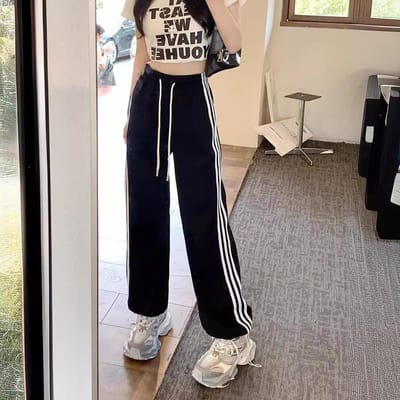 Nieuwe Zomerstijl Witte en Grijze Broek met Zijstreep voor Dames Wijde Pijpen Casual Losse Rechte Sportbroek Trekkoord Joggingbroek 4XL gray