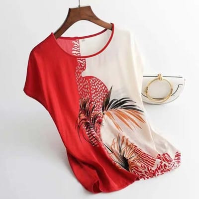 Zomer IJszijde Top Dames Grote Maten Bedrukt Ronde Hals Korte Mouwen Los T-shirt Micro-stretch Stof Is Glad en Ademend Dagelijkse Kleding M rood