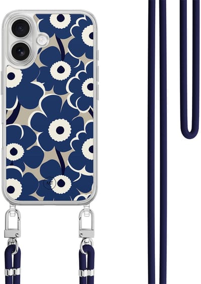 Hoesje met koord geschikt voor iPhone 16 - Abstract bloom - Inclusief zwart koord - Crossbody beschermhoes - Transparant, Blauw - Mooie Telefoonhoesjes