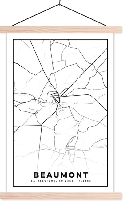 Posterhanger incl. Poster 40x60 cm - Schoolplaat - België – Beaumont – Stadskaart – Kaart – Zwart Wit – Plattegrond - Textielposter - Blanke latten - Stadskaart
