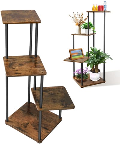 Stabiele Plantenstandaard 4 Lagen, Vintage Houten Bloemenrek met IJzeren Frame, Roestbestendig Bloempotrek voor Binnen en Buiten, Ruimtebesparend Hoek Plantenrek voor Kamerdecoratie