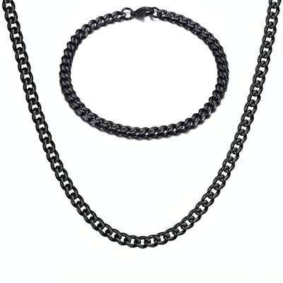 Ketting + Armband Set - Cuban Link Dikke Schakel - Zwart - 5mm - Kettingen Armbanden Sieraden Set Heren - Vaderdag Cadeau Geschenk