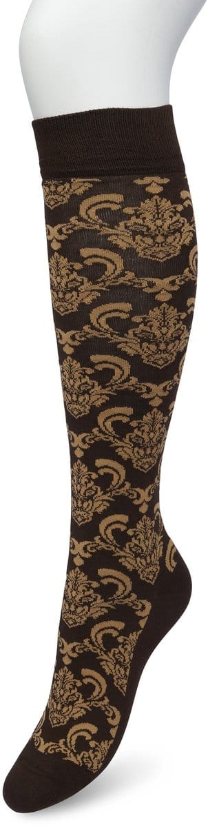Bonnie Doon Dames Bloemen Kniekousen Donker Bruin maat 36/42 - Knie Kousen - Gebloemd Patroon - Bloemen Print - Uitstekend draagcomfort - Ornament Knee High - Kniesokken - Zakt niet af - OEKO-TEX - Donkerbruin - Bracken - BP221701.158