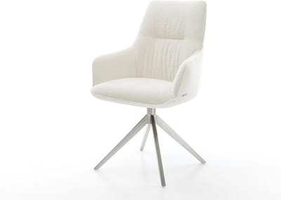 Eetkamerstoel Zelia-Flex met armleuning kruisframe breed roestvrij staal bouclé zacht beige 360° draaibaar rocker-functie pocketveer kern