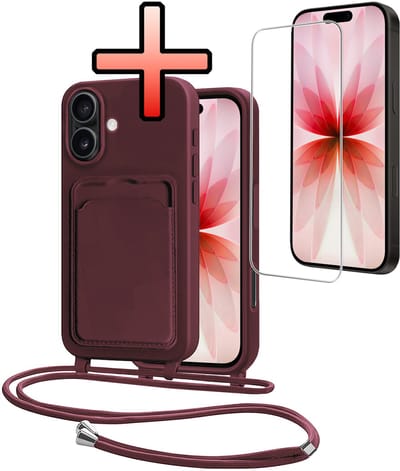 Hoes Geschikt voor iPhone 17 Hoesje Pasjeshouder Cover Met Koord Case Siliconen Hoes Met Telefoonkoord en Kaarthouder Met Screenprotector - Aubergine
