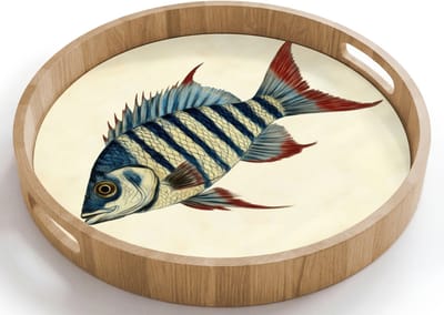 Dienblad rond 40x40 cm - Schootdienblad hout - Gestreept - Donkerblauw - Rugvin - Vis - Borrelplank rechthoek - Plateau houten dienbladen
