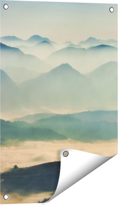 Gards Tuinposter Heuvel Landschap tijdens de Mist - 40x60 cm - Tuindoek - Tuindecoratie - Wanddecoratie buiten - Tuinschilderij