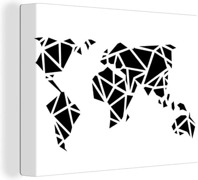 Canvas Wereldkaart - 120x90 - Wanddecoratie Wereldkaart - Geometrische vormen - Zwart - Wit