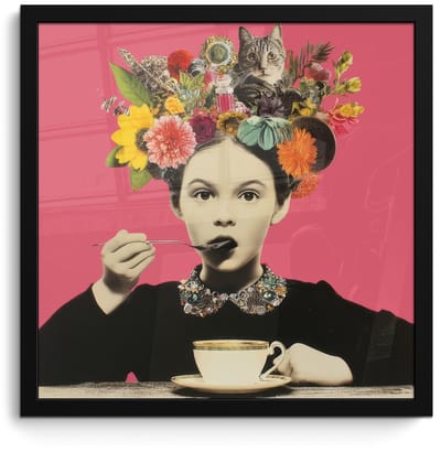 Poster in lijst - Fotolijst 40x40 cm - Posters - Meisje - Kopje - Bloemen - Roze - Posterlijst zwart - Decoratie - Wanddecoratie woonkamer - Muurdecoratie slaapkamer