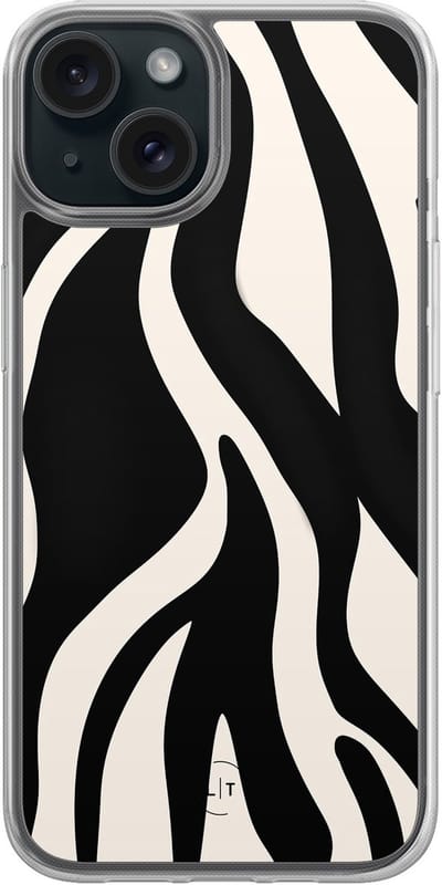 Hoesje geschikt voor iPhone 15 - Zebra - 2in1 backcover - Print / Illustratie - Zwart - Leuke Telefoonhoesjes